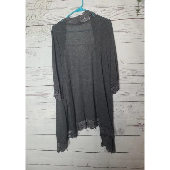 Easel Charcoal Gray Crochet Trim Long Sleeve Cardigan Sweater Womans Size Small - Picture 2 of 6